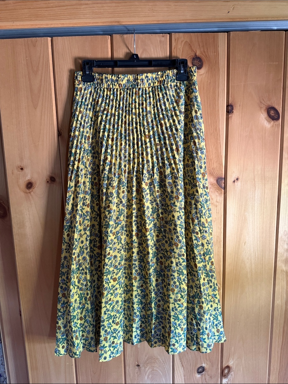 Max Studio Yellow Floral Pleated Maxi Skirt with Green Accents